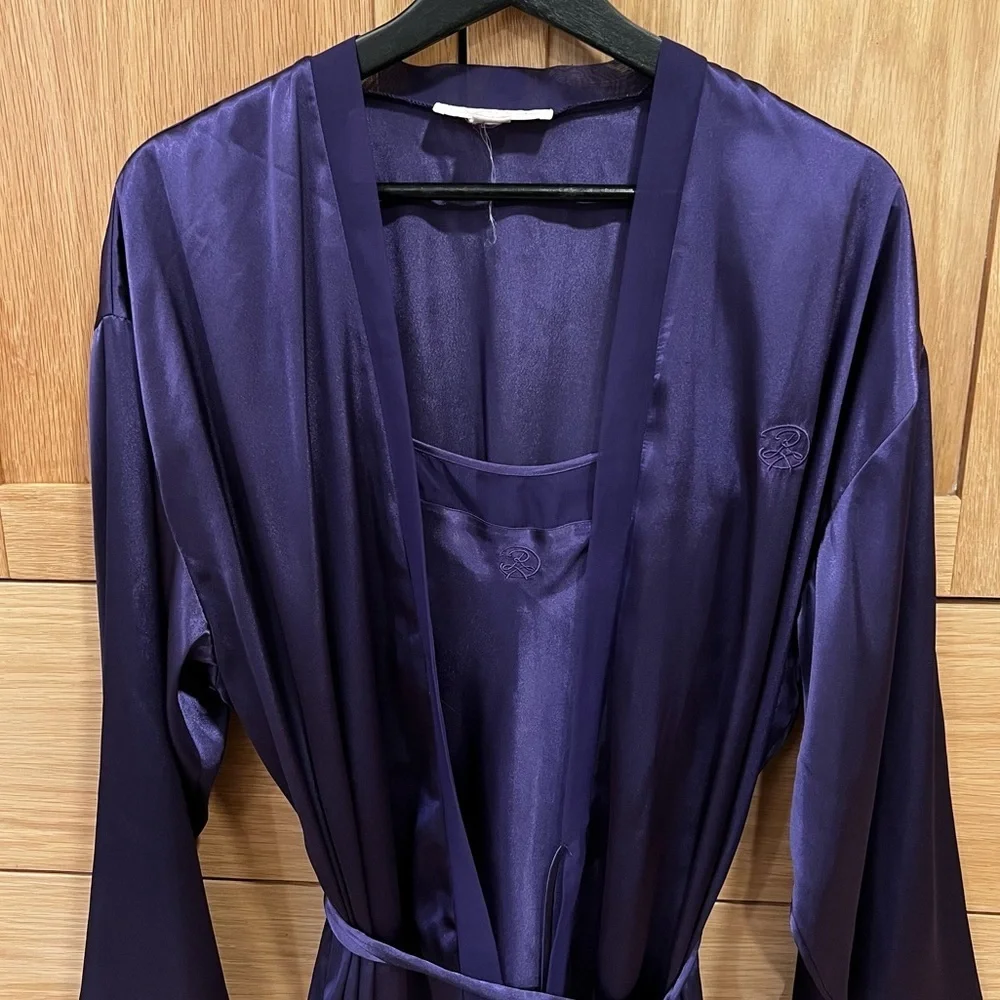 Oscar De La Renta Satin Slip and Robe Set Vintage Purple Size Large Pink Label